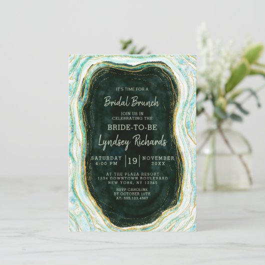Invitation Géode turquoise Vert & Or Agate Géode Bridal Brunc (Debout devant)