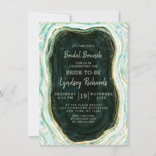 Invitation Géode turquoise Vert & Or Agate Géode Bridal Brunc (Devant)