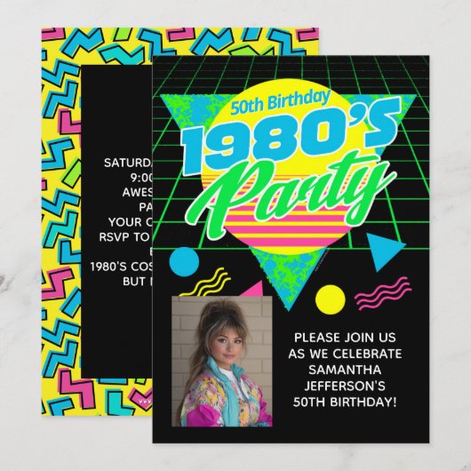 Invitation Geometric 1980s 80s 50th Photo Birthday Party (Devant / Derrière)