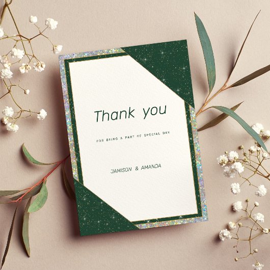 Invitation Geometric dark green gold sparkle Thank You
