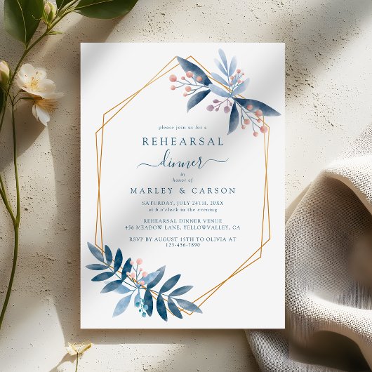 Invitation Geometric Dusty Blue Elegant Rehearsal Dinner
