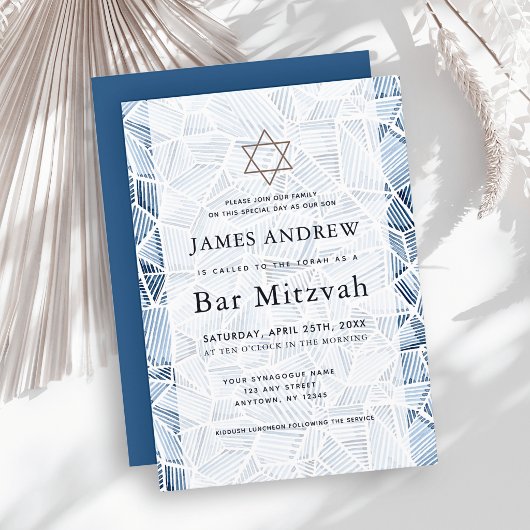 Invitation Geometric Indigo Pattern Watercolor Bar Mitzvah