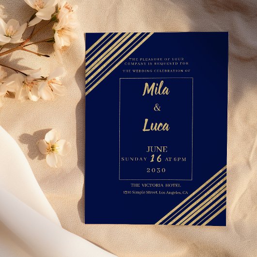 Invitation Geometrical navy blue gold typography Wedding