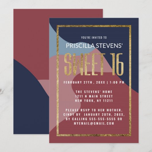 Invitation Géométrie en or bleu rose Abstrait moderne 16 (Devant / Derrière)