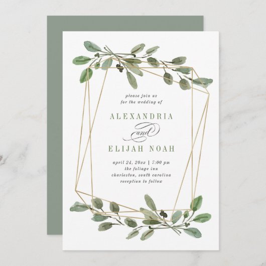 Invitation Géométrie et verdure or simple| Mariage (Devant / Derrière)