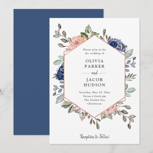 Invitation Géométrie florale de la marine | Mariage (Devant / Derrière)