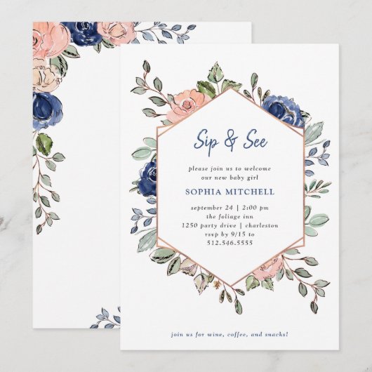 Invitation Géométrie florale de la marine | Sip et voir (Devant / Derrière)