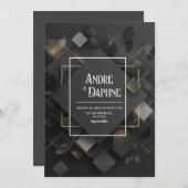 Invitation Géométrie Noire moderne avec Mariage d'accents Or (Devant / Derrière)