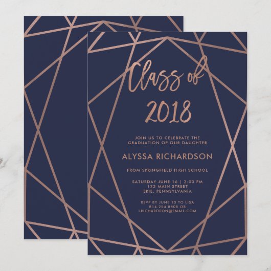 Invitation Géométrie or rose sur la Marine Blue Graduation Pa (Devant / Derrière)