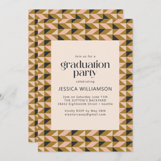 Invitation Géométrique Art Déco Blush et Gold Graduation Part (Devant / Derrière)