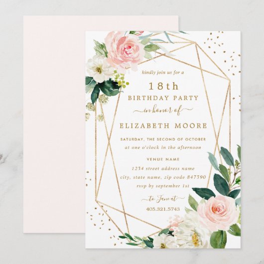 Invitation géométrique Blush Gold Floral 18e anniv (Devant / Derrière)