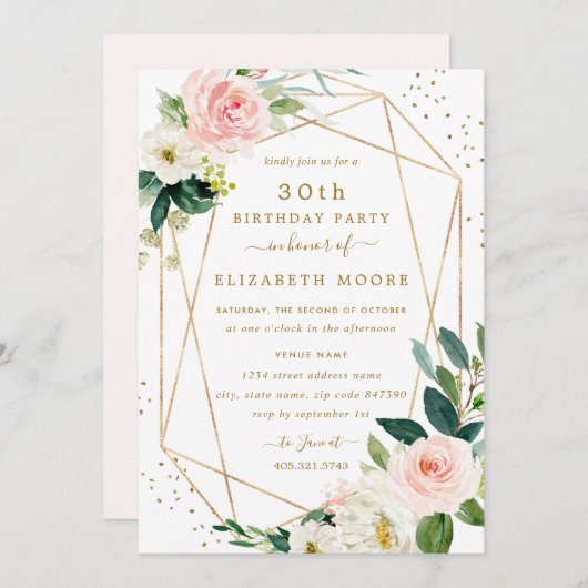 Invitation Géométrique Blush Gold Floral 30e anniv (Devant / Derrière)