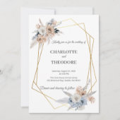 Invitation géométrique dorée à fleurs beige et ble (Devant)