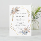 Invitation géométrique dorée à fleurs beige et ble (Debout devant)
