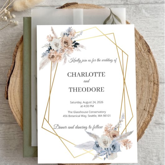 Invitation géométrique dorée à fleurs beige et ble