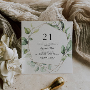 Invitation Géométrique Elegant Gold Green 21e fête d'annivers