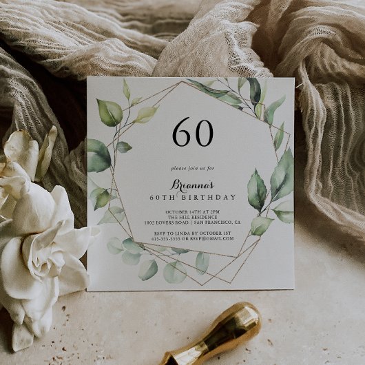 Invitation Géométrique Elegant Gold Green 60e fête d'annivers