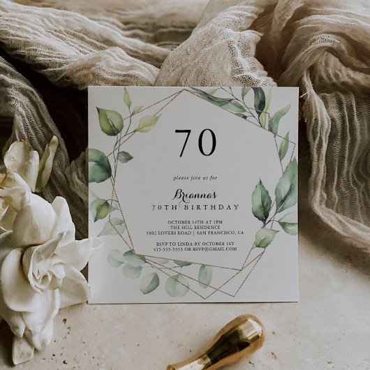 Invitation Géométrique Elegant Gold Green 70e fête d'annivers