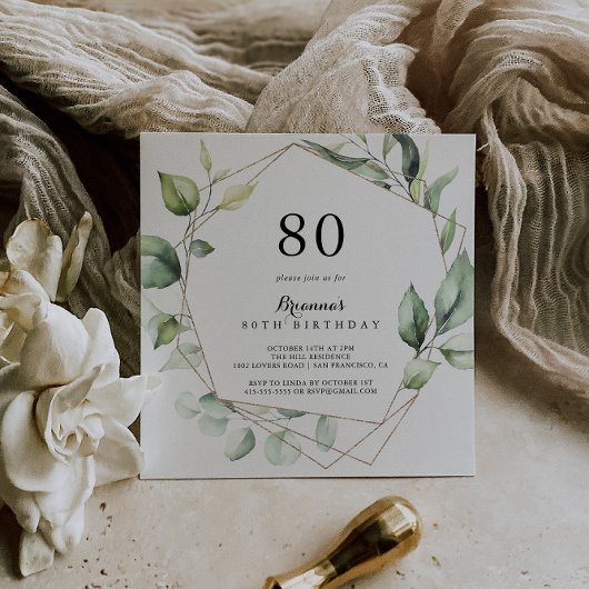 Invitation Géométrique Elegant Gold Green 80e fête d'annivers
