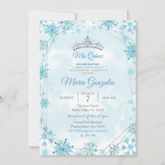 Invitation Géométrique et Blue Snowflakes Sweet 15e anniversa (Devant)
