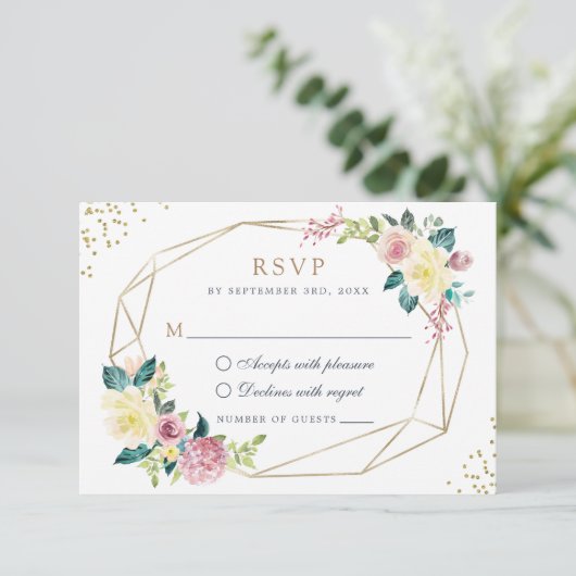 Invitation Géométrique Floral Blush Jaune Vert Or RSVP (Debout devant)
