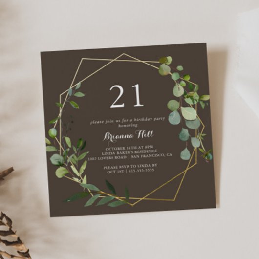 Invitation Géométrique Gold Brown Vert 21e fête d'anniversair