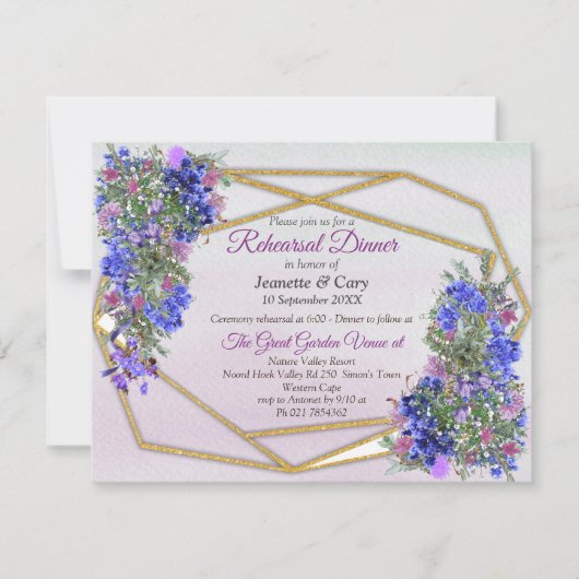 Invitation Géométrique Gold & Lavender FlowersThème (Devant)