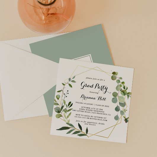 Invitation Géométrique Gold Tropical Calligraphie Grad Party