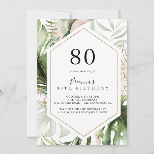 Invitation Géométrique Gold Tropical Green 80e fête d'anniver (Devant)