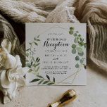 Invitation Géométrique Gold Tropical Green Wedding Réception<br><div class="desc">Cette invitation à la réception de mariage vert tropical d'or géométrique est parfaite pour une simple soirée post-elopement. Le design présente de beaux feuilles verts peints à la main, ornant un cadre géométrique doré. Les cartes RSVP sont vendues séparément, ou vous pouvez les détails RSVP à l'arrière ou au bas...</div>