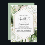 Invitation Géométrique Gold Tropical Sweet 16 fête d'annivers<br><div class="desc">Cette invitation à la fête de 16 ans aux motifs géométriques or tropical doux est parfaite pour un anniversaire moderne. Le design est composé d'or aquarelle peint à la main et de feuilles de palmiers verts et de bananes aux fleurs roses entassées dans des bouquets,  ornant un cadre géométrique.</div>