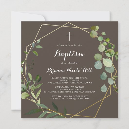Invitation Géométrique Or Brown Calligraphie verte Baptême (Devant)