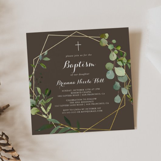Invitation Géométrique Or Brown Calligraphie verte Baptême