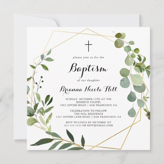 Invitation Géométrique Or Tropical Green Calligraphie Baptême (Devant)