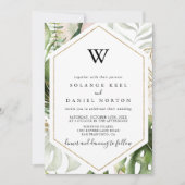 Invitation Géométrique Or Tropical Verdure Monogramme Mariage (Devant)