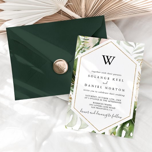Invitation Géométrique Or Tropical Verdure Monogramme Mariage