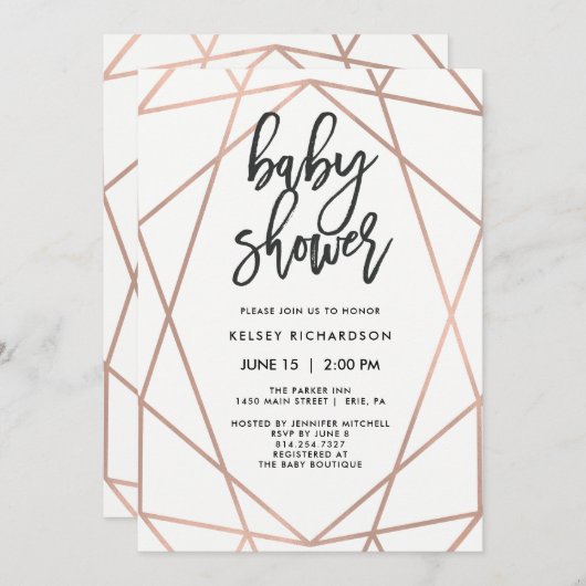Invitation Géométrique Rose moderne Faux | BABY SHOWER (Devant / Derrière)