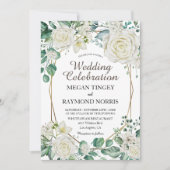 Invitation Géométrique Vert or Vert & Blanc Roses Rustiques (Devant)