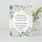 Invitation Géométrique Vert or Vert & Blanc Roses Rustiques (Debout devant)