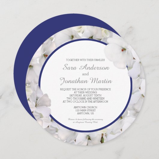 Invitation Géranium blanc et Mariage bleu Accent rond (Devant / Derrière)