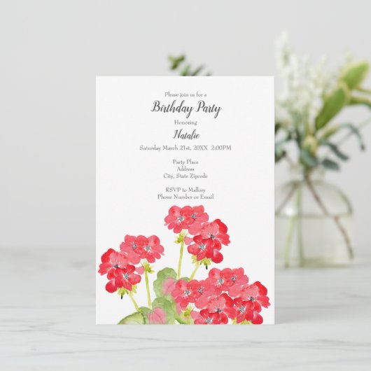 Invitation Géraniums aquarelles 2 (Debout devant)