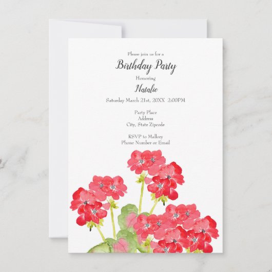 Invitation Géraniums aquarelles 2 (Devant)
