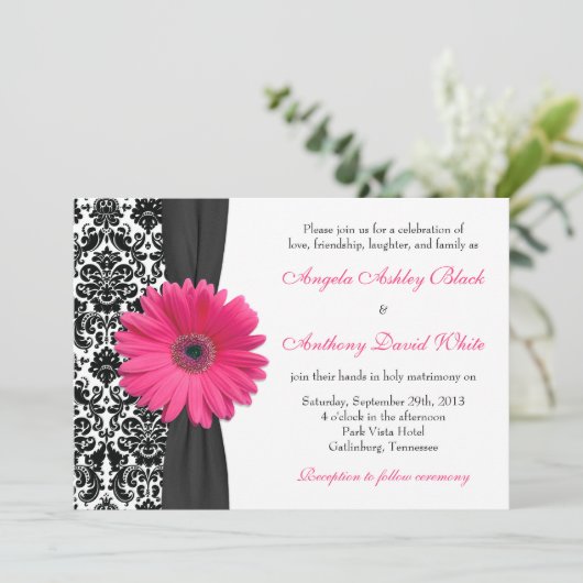 Invitation Gerber Daisy rose noir blanc Mariage damassé (Debout devant)