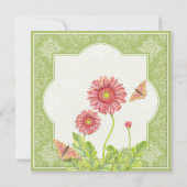 Invitation Gerbera Daisy Pink Green Quatrefoil Mariage Invite (Dos)