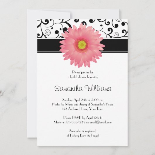 Invitation Gerbera Daisy, rose pâle Fête de l'mariée noire (Devant)
