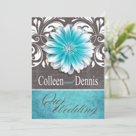Invitation Gerbera Daisy Scroll 1 Mariage turquoise tableau n (Debout devant)