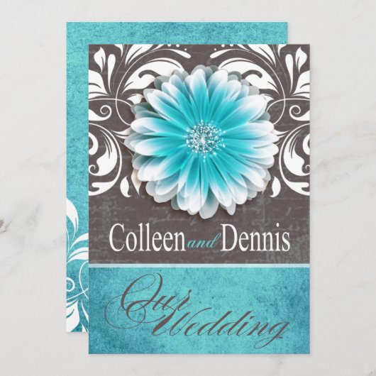 Invitation Gerbera Daisy Scroll 1 Mariage turquoise tableau n (Devant / Derrière)
