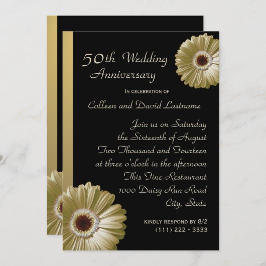 Invitation Gerbéra doré 50e anniversaire de mariage (Devant / Derrière)
