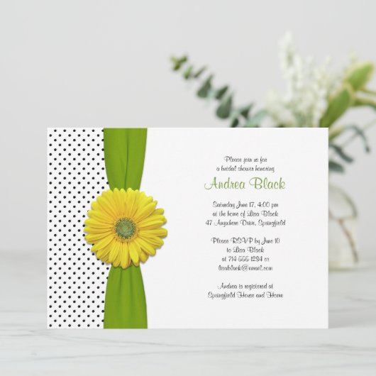 Invitation Gerbera Jaune Fête des mariées à points Polka (Debout devant)