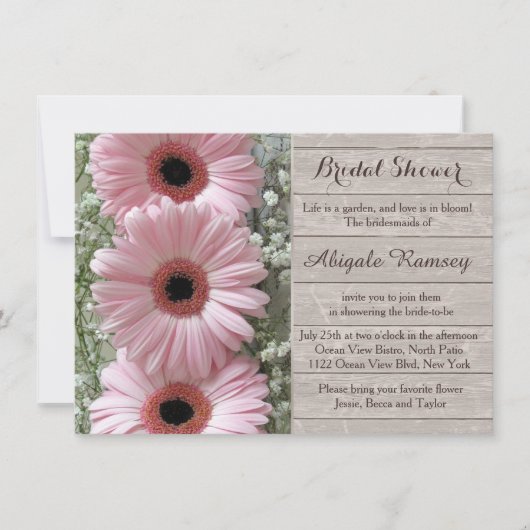 Invitation Gerbera marguerite rose sur Fête des mariées bois (Devant)